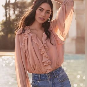 LOFT Tan/Peach Ruffle Boho style Blouse